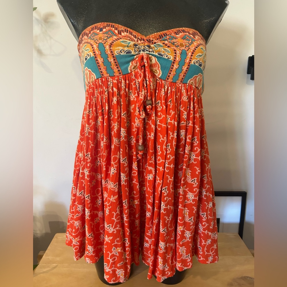 Boho Orange Printed Smocked Sundress with Teal Accents